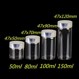 Whole- 50ml 80ml 100ml 150ml Large Glass Bottles with Silver Screw Caps Empty Spice Bottles Jars Gift Crafts Vials 24pcs 238V