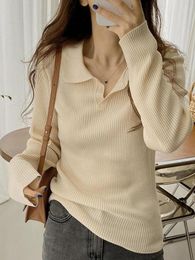 Women's Sweaters QWEEK Elegant Knitted Women Korean Fashion Kpop Slim Solid Polo Collar Pullovers Long Sleeve Tops 2023 Autumn Chic