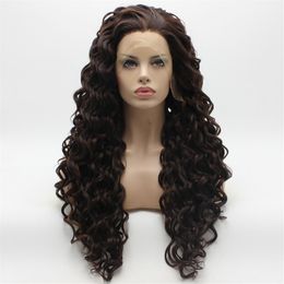 Iwona Hair Curly Long Two Tone Brown Auburn Mix Wig 18#6 30 Half Hand Tied Heat Resistant Synthetic Lace Front Daily Natural Wigs302y