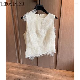 Women's Blouses TEROKINIZO Lace Patchwork Fashion Blouse Women O-neck Sleeveless Solid Colour Shirts Female Summer Gentle All-math Blusas