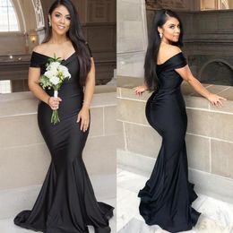 Fitted Arabic Black Evening Dresses Off Shoulder Formal Party Gowns Sweep Train Elastic Satin Mermaid Prom Dress Bridesmaid Dresse272U