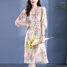 Casual Dresses Real Silk Summer For Women 2023 Prairie Chic Elegant V-neck High Waist Floral Print Women's Long Midi Dress A-line