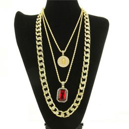 Iced Out Gold Plated Miami Cuban Link Red Ruby Chain Combo 3 Necklace Set Men Fashion Hip Hop Simulated Diamond Punk Necklace256T