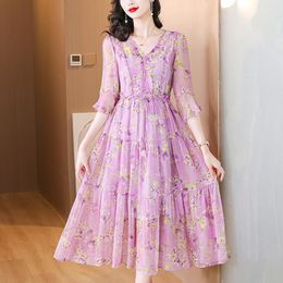 Casual Dresses 2023 Summer Purple Romantic Chiffon Dress Silkworm Silk Floral Holiday With Trumpet Sleeves