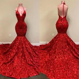 Sexy Backless Red Evening Dresses Halter Deep V Neck Lace Appliques Mermaid Prom Dress Rose Ruffles Special Occasion Party Gowns265W