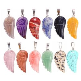 Charms Natural Stone Angel Wing Pendant Healing Reiki Earring Gemstone Decor Ornament For Jewellery Making Diy Wholesale 15X30 Dhgarden Dhrjr