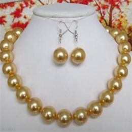 10mm Natural Yellow Round South Sea Shell Pearl Necklace 18'' Earrings Set2429