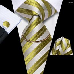Bow Ties 2023 Green Silver Striped Luxury Silk Men Tie Fashion Necktie Chain Hanky Cufflink Gift For Wedding Hi-Tie Design Wholesale