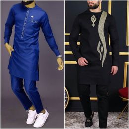 Men's Tracksuits Kaftan Luxury Men's Suit Print Trim Top Trousers Dashiki African Ethnic Casual Style 2 Piece Set Traditional Wear Wedding Cloth 230719