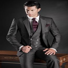Fashion Dark Grey Groom Tuxedos Notch Lapel Groomsmen Mens Wedding Dress Handsome Man Jacket Blazer 3 Piece SuitJacket Pants Vest2064