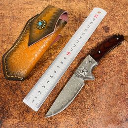 New R1695 Flipper Folding Knife VG10 Damascus Steel Straight Blade Rosewood Handle Ball Bearing Fast Open EDC Pocket Knives with Leather Sheath