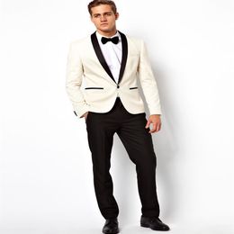 Cheap And Fine One Button Ivory Groomsmen Shawl Black Lapel Groom Tuxedos Men Suits Wedding Prom Man Blazer Jacket Pants Ti334c