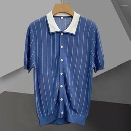 Men's Sweaters Summer Short Sleeve Polo Shirt Quality Contrasting Stripes Cardigan T-shirt Men Lapel Knitted Casual Camisa Hombre