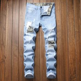 Men's Jeans Mens Ripped Biker Cotton Slim Fit Male Motorcycle Pants Men Vintage Distressed Patchwork Denim Trousers Size 42219g