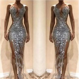 Sparkly Silver Mermaid Prom Dresses 2022 Sexy Durchsichtige Pailletten Mieder Split Lange Frauen Anlass Abendkleider Nach Maß BC062240w