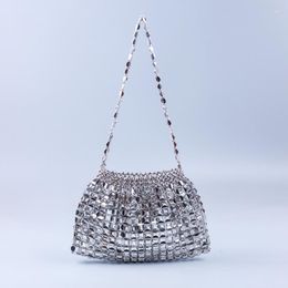 Evening Bags Fashion Silver Beaded Shoulder Bag Woman Handmade Woven Flat Beads Women Handbag Designer Brand Large Purses Female