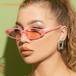 Sunglasses LongKeeper Fashion Small Cat Eye Women 2023 Vintage Narrow Candy Lens Eyeglasses For Female Travel