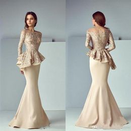 Champagne Lace Long Sleeves Mermaid Evening Dresses Arabic Sheer Mesh Top Satin Peplum Floor Length Formal Party Prom Dresses BA81265S