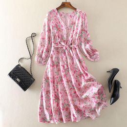 Casual Dresses Natural Silk Dress For Women 2023 Summer Elegant Mulberry V-Neck Waist Lace-up Floral Printing Midi 86062