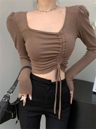 Women's Sweaters Hsa Spring Knitted Pull Sexy Cropped Tops Bandage Knittwear Square Collar Ruffles Bow Tie