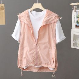 Women's Vests Korean Zipper Women Casual Loose Hooded Sleeveless Rash Guards Vest Fashion Thin Coat Summer Trend Waistcoat Y2k Tops 2023