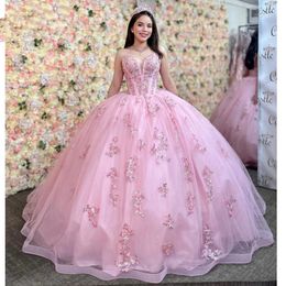 Sparky Princess Pink Quinceanera Dresses Sequins Lace Appliques Sweet Corset Mexican Prom Party Ball Gowns Vestido De