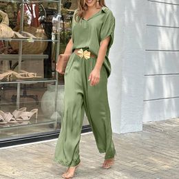 Women's Two Piece Pants Women Casual Solid Colour Suit Fashion Elegant Office Lady V Neck Short Sleeved Blouse Loose Pocket Wide Leg Trousers