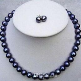 Fashion Beaded Necklaces 8-9mm South Sea Black Pearl Necklace 18 Inch 925 Silver Clasp Earrings2885