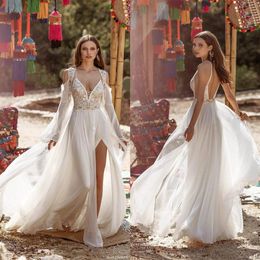 Asaf Dadush 2020 Split Tassel Wedding Dresses With Wrap Spaghetti V Neck Lace Appliques Boho Bohemian Beads Wedding Dress Robes De195u