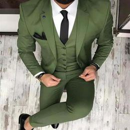 Olive Green Mens Suits For Groom Tuxedos Notched Lapel Slim Fit Blazer Three Pieces Jacket Vest Pants Man Tailor Made Clothing P224S
