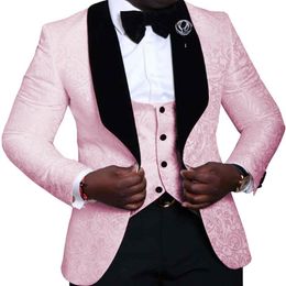 Pink Mens Suits 3 Pieces Floral Jacquard Black Shawl Lapel Groomsmen Tuxedos for Wedding Suits Men Blazer vest Pants2340