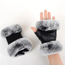 Outdoor autumn and winter women's sheepskin gloves Rex rabbit fur mouth half-cut computer typing foreign trade leather clothi219k