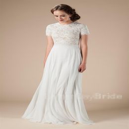 New Lace Chiffon Beach Modest Wedding Dresses With Short Sleeves Boho Bridal Gowns A-line Floor Length Outdoor Informal LDS wed Go264W