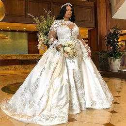 Plus Size Mermaid Long Sleeves Wedding Dresses Jewel Neck Beaded Bridal Gowns With Detachable Train Appliqued Trumpet Satin robe d212a