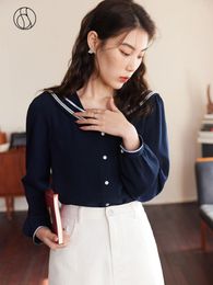 Women's Blouses DUSHU Sailor Collar Women Navy Blue Long Sleeve Straight 2023 Spring Single Breasted Casual Tops Chiffon Blouse