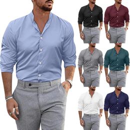 Men's T Shirts 7 Colors 2023 Men Fashion Casual Solid Color Slim Light Breathable Long Sleeve Cheongsam Collar Shirt (M-3XL) Size Table