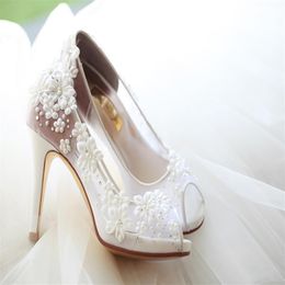 Designer Fashion White Flowers Wedding High Heels Shoes For Bride Crystal Beaded Peep Toe Sexy Women Luxury Prom Party Pumps 10cm 237o