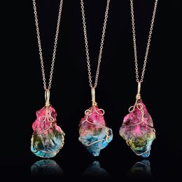 Pendant Necklaces Irregular Natural Crystal Stone Wire Wrap Necklace For Women Rainbow Quartz Reiki Healing271K