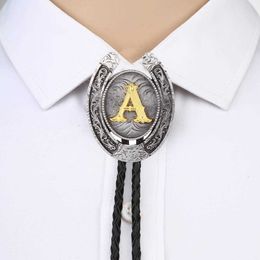 Bolo Ties Vintage Gold Letter ABCDEFG-Z U shape bolo tie for man Indian cowboy western cowgirl leather rope zinc alloy necktie HKD230719