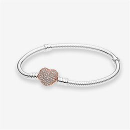 18K Rose gold Heart Clasp Snake Chain Bracelet Women Girls Wedding Gift with Original box for Pandora 925 Sterling Silver Charms B262x