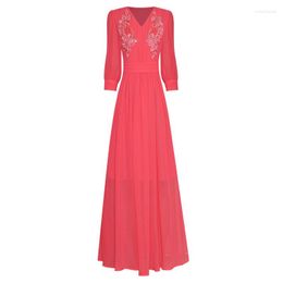 Casual Dresses V Neck Three Quarter Sleeve Beaded Flower Appliques Pleated Maxi Chiffon Party Dress Summer Sale Arrivals