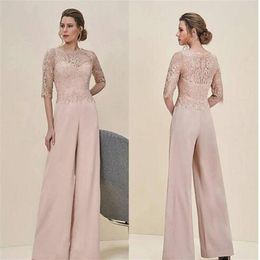 Elegant Lace Two Pieces Mother of the Bride Pants Suit Sheer Neck Illusion Sleeves Hollow Back Prom Jumpsuit Evening Gowns Plus si327c
