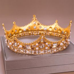 Fashion Gold Silver Round Tiaras Crowns Pearls Rhinestone Diadems Elegant Queen King Wedding Hair Accessories Bridal Jewelry263U