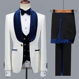 New Arrival Floral Men Suit Slim Fit Wedding Tuxedo Navy Blue Velvet Lapel Groom Party Suits Costume Homme Groomsman Blazer275E