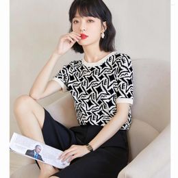 Women's T Shirts 2023 Summer Ice Silk Knitted Underlay Short Sleeve T-shirt Geometric Jacquard Round Neck Pullover