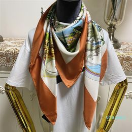 New style women's square scarf scarves good quality 100% twill silk material orange Colour pint letters flowers pattern size 1304t