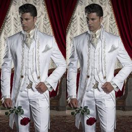 Embroidery Groom Tuxedos Men's Suits White Groomsman One Button Formal Wedding Suit Including Jacket Pants Vest Three Piece200H