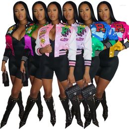 Women's Jackets Women Fashion Printed Baseball Color Patchwork Long Sleeve Single Breasted Short Varsity Coats Casual Tops Streetwear