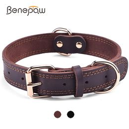 Dog Collars Leashes Benepaw Quality Genuine Leather Dog Collar Durable Vintage Heavy-duty Rustproof Double D-Ring Pet Collar For Medium Large Dogs 230719