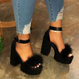 Sandals Woman Furry Sandals High Heels With Fur Female Platform Pumps Women Ankle Strap Women's Wedge Shoes 2023 Summer Dropshipping L230720